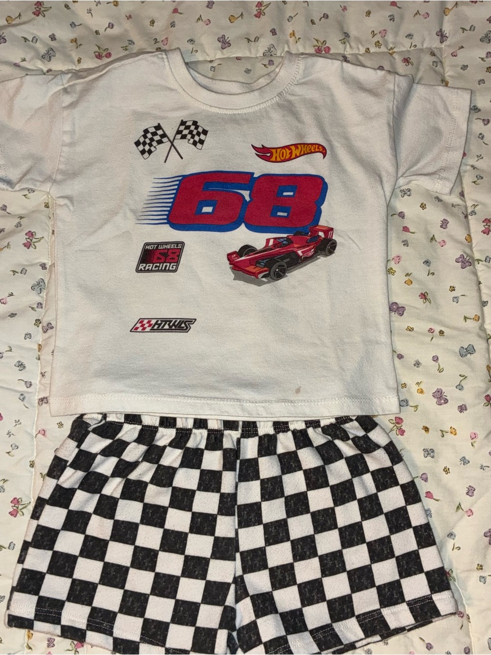 Mattel Hot Wheels White Tee and Black-White Check Shorts Kids Matching Set